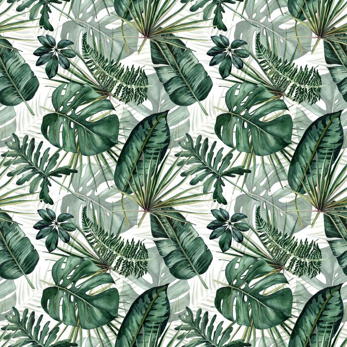 Sticker Watercolor seamless pattern with tropical leaves: palms, monstera, passion fruit.