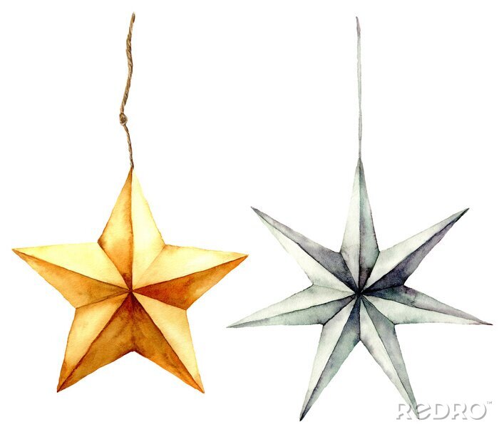 Sticker Watercolor stars decoration. Hand painted gold and silver stars isolated on white background. Christmas toys. Holiday modern decor illustration.