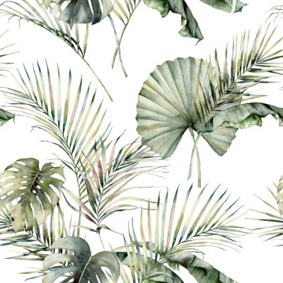 Sticker Watercolor tropical seamless pattern with monstera, banana and coconut leaves. Hand painted palm leaves isolated on white background. Floral illustration for design, print or background.