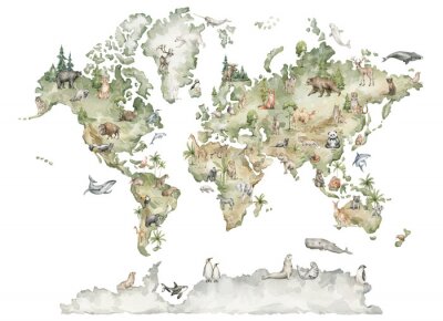 Sticker Watercolor world map with animals and natural elements. Geographical map. Hand-painted earth isolated on white. Nursery print