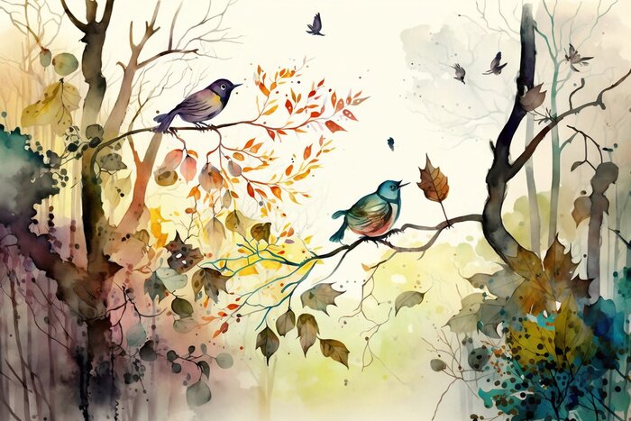 Sticker Watercolour illustration of birds in the autumn forest.