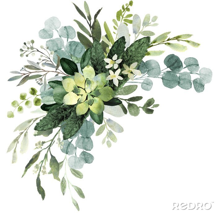 Sticker Wedding greenery bouquet. Watercolor illustration with eucalyptus.