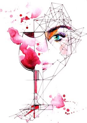 Sticker Weibliches Gesicht und Glas Wein Abstraktion