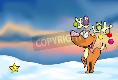 Sticker Weihnachtswinterlandschaftshintergrund mit lustigem Rentier