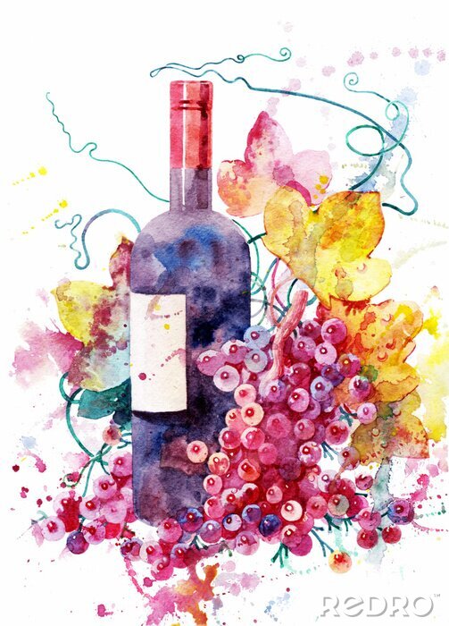 Sticker Wein und Trauben Aquarellzeichnung