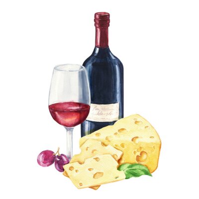 Sticker Wein und Weintrauben Käse und Flasche