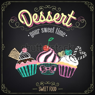 Sticker Weinlesekarte Desserts mit Cupcakes. Bäckerei-Menü. Kreiden, Freihandzeichnen