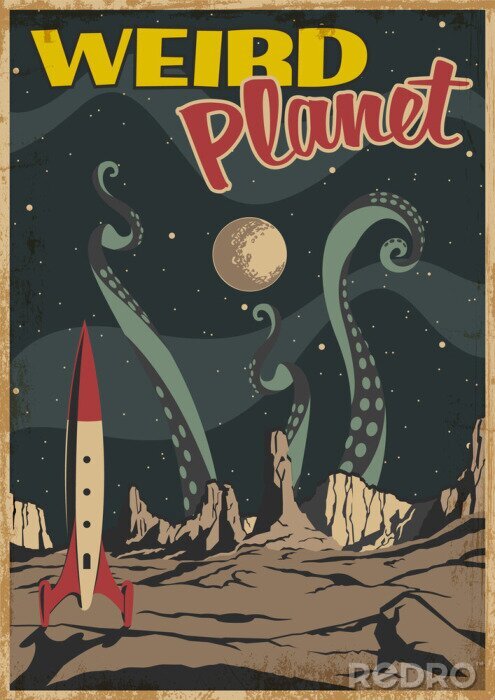 Sticker Weird Planet Old Fantastic Comic Book, Sci Fi Book Cover Stylization, Retro Space Movie Poster, Rocket, Unknown Planet's Landscape, Tentacles of Monster. Vintage Colors, Grunge Texture Frame 