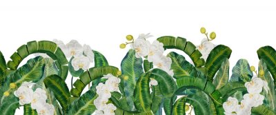 Sticker Weiße Orchideenblüten zwischen grünen tropischen Blättern
