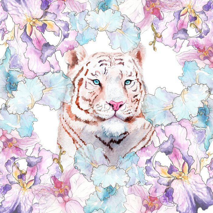 Sticker Weißer Tiger und Pastellblumen
