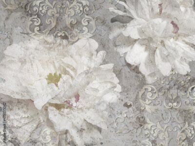 Fototapete Weißes Blumenornament auf Beton