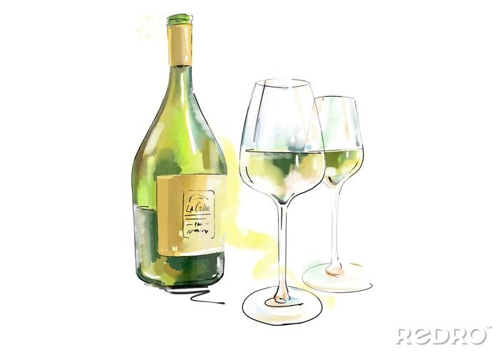 Sticker Weißwein in Flasche und Gläsern