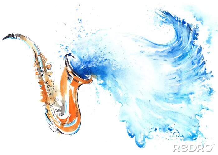 Sticker Wellen, die aus einem Saxophon fließen Aquarellgrafik