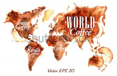  Weltkarte des gezeichneten Kaffees mit der Aufschrift Arabica, Robusta, mischen mit Spritzern und Flecken druckt Tasse