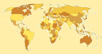 Weltkarte in gelben Farbtönen