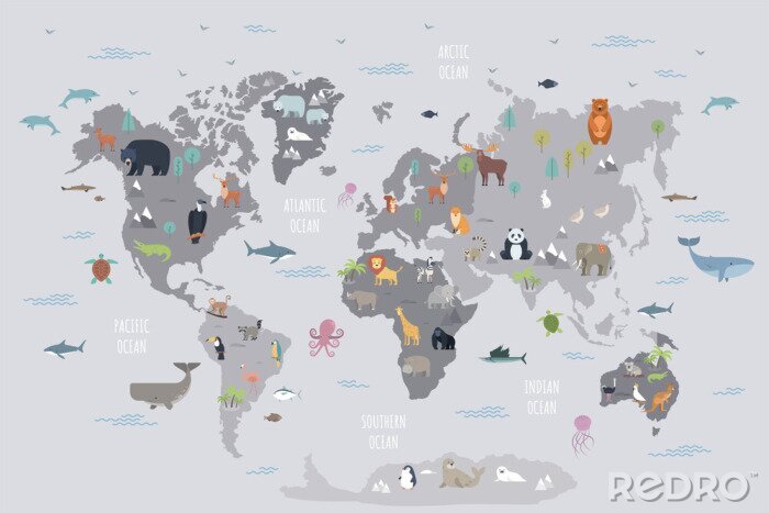 Sticker Weltkarte mit Tieren auf Kontinenten und Ozeanen