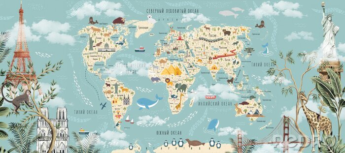 Sticker Weltkarte mit Tieren und Touristenattraktionen auf Russisch