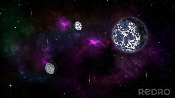 Sticker Weltraum Planeten vor dem Hintergrund eines violetten Nebels