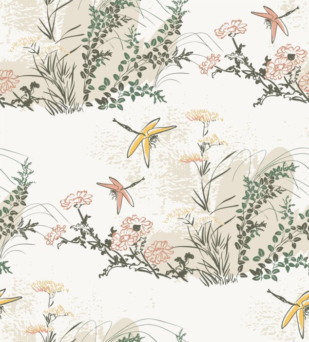 Sticker Wiese mit Blumen und Libellen