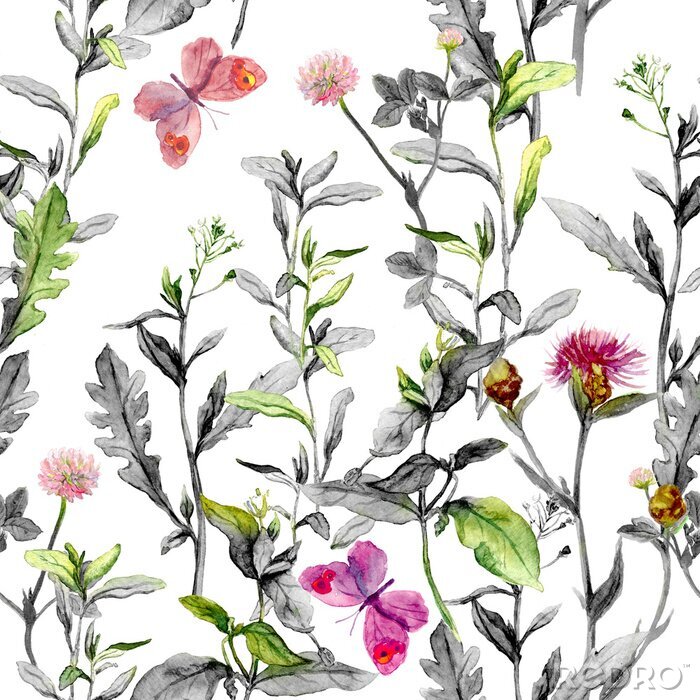 Sticker Wiesenblumen. Nahtlose pflanzliche Hintergrund in schwarz-weißen Farben. Aquarell