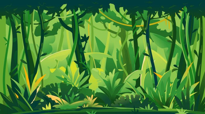 Sticker Wild jungle forest with trees, bushes and lianas, nature landscape with green jungle foliage and exotic plants growing on ground, horizontal banner with tropical plants on sunny day