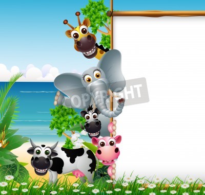 Sticker Wilder afrikanischer Tierkarikatur mit leerem Zeichen und Strandhintergrund