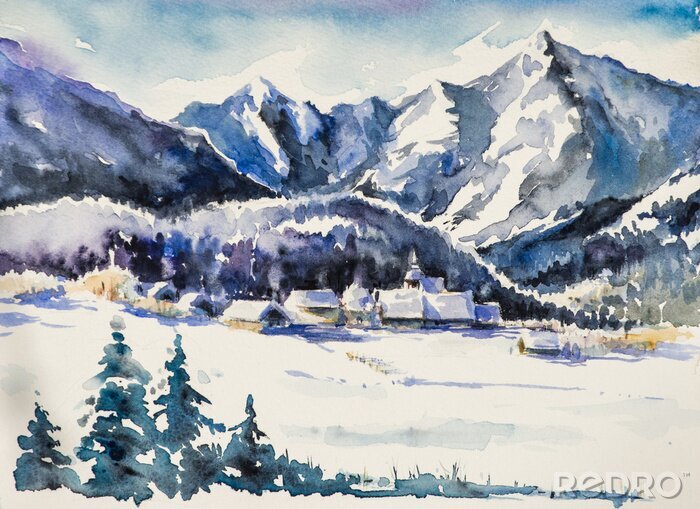 Sticker Winterlandschaft - Dorf mit snow.Watercolors bedeckt.