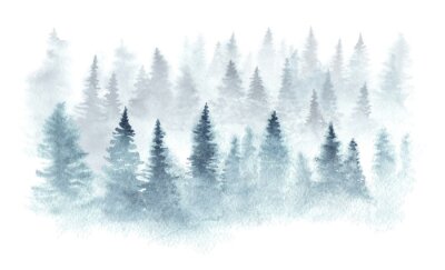Sticker Winterwald in einem Nebel gemalt im Aquarell.