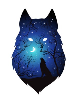 Sticker Wölfe Silhouette eines den Mond und Sternen anheulenden Wolfs