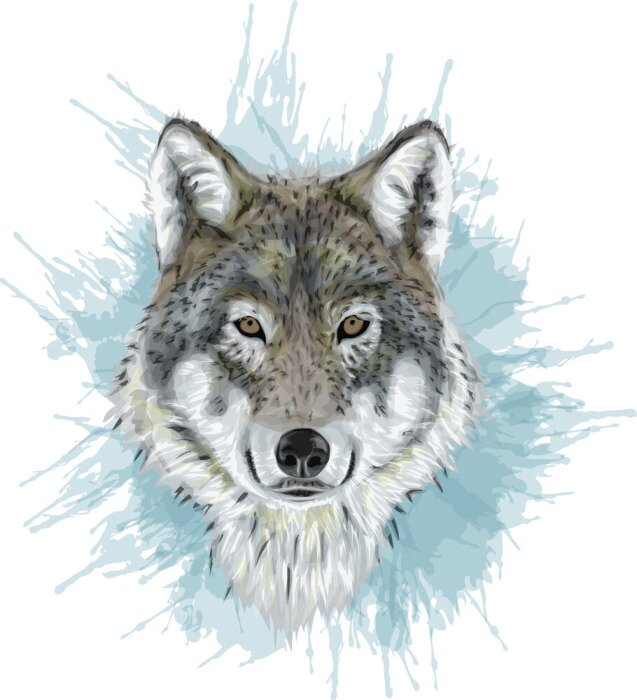 Sticker Wolf Aquarell Kopf vor dem Hintergrund einer blauen Palme