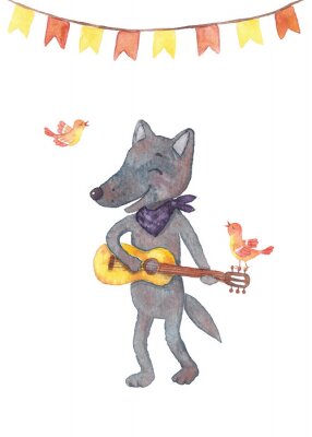 Sticker Wolf Aquarell mit einer Gitarre in seinen Pfoten und Vögel