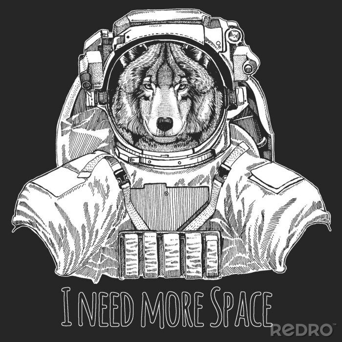 Sticker Wolf im Raumanzug und Aufschrift zum Thema Weltraum