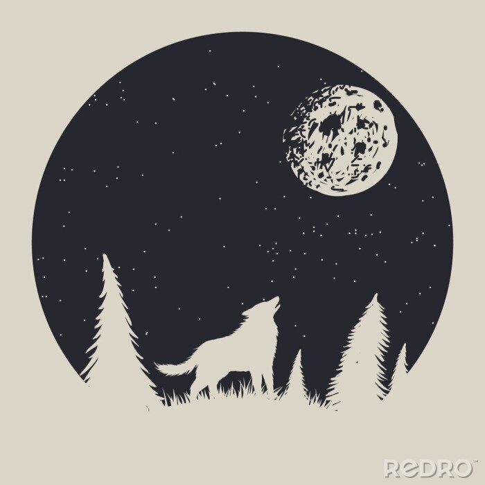 Sticker Wolf inmitten von Tannenbäumen und Vollmond