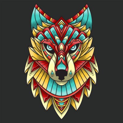 Sticker Wolfskopf bunt indianische Muster