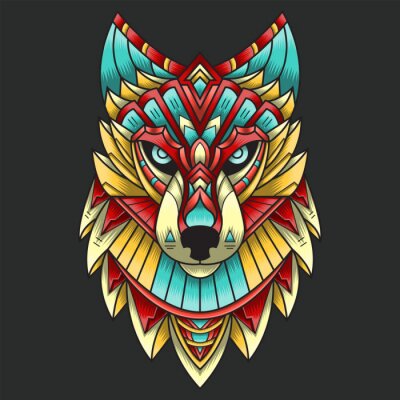 Sticker Wolfskopf bunt indianische Muster