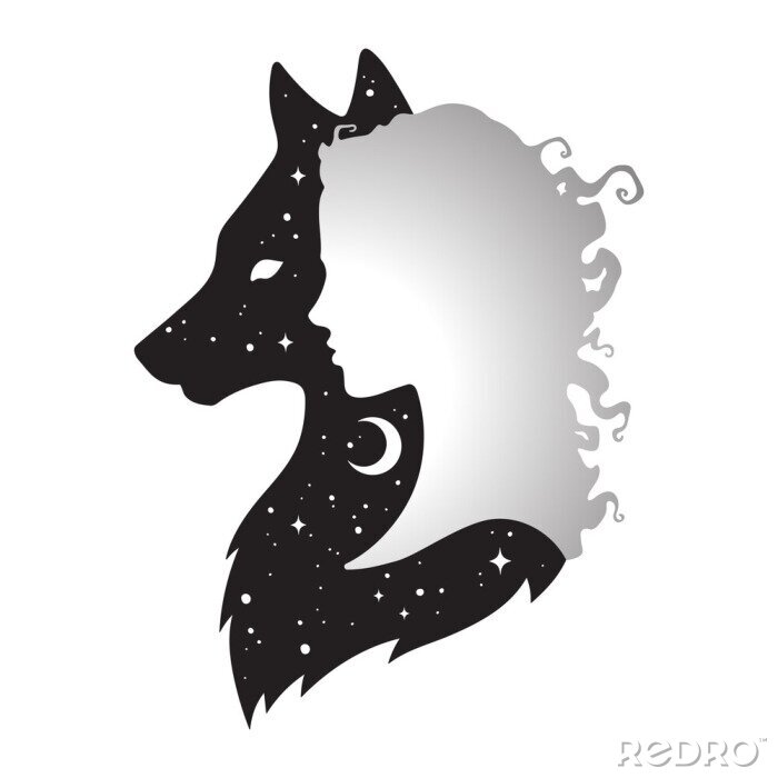 Sticker Wolfskopf im Profil und Frauenkopf im Profil