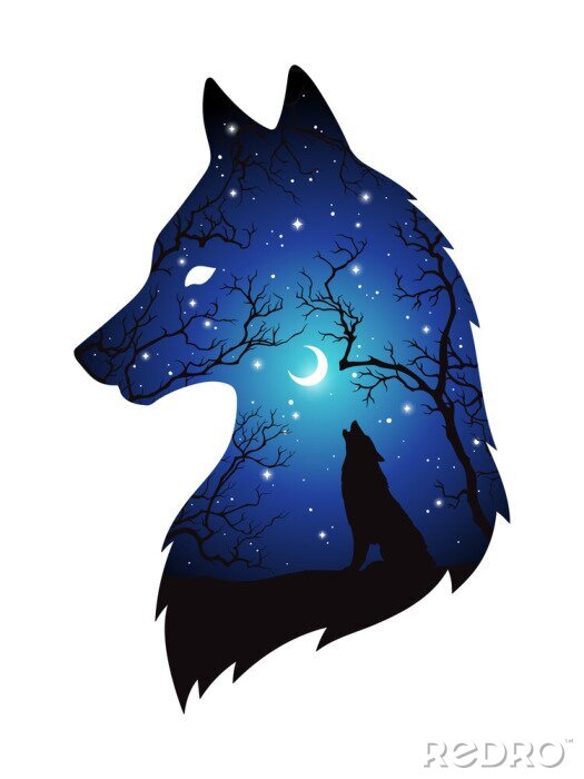 Sticker Wolfskopf im Profil und Sichelmond