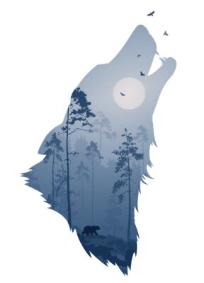 Sticker Wolfskopf im Profil und Wald bei Nacht