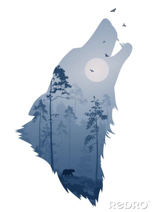 Sticker Wolfskopf im Profil und Wald bei Nacht
