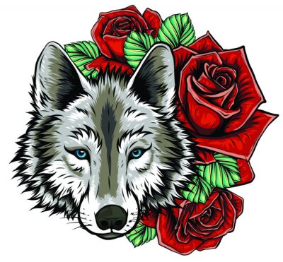 Sticker Wolfskopf mit blauen Augen und rote Rosen