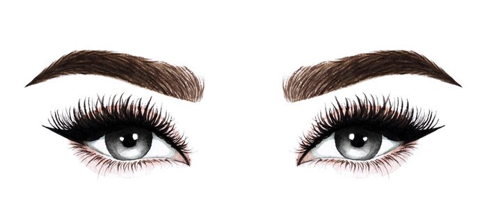 Sticker Woman eyes with long eyelashes. Hand drawn watercolor illustration. Eyelashes and eyebrows. Design for eyelash extensions, microblading, mascara, beauty salon, cosmetics, makeup artist. Black eyes.