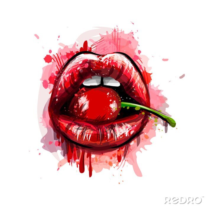 Sticker Woman red lips with cherry