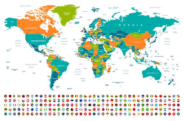 Sticker World Map and Flags - borders, countries and cities -illustration