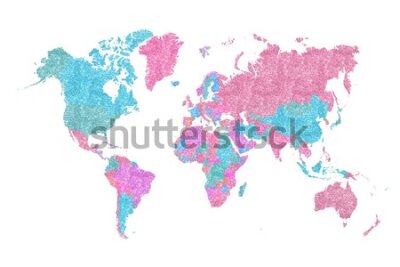 Sticker World Map in pink and blue glitter and sparkles, with plenty of space to insert your own quote under the image.
