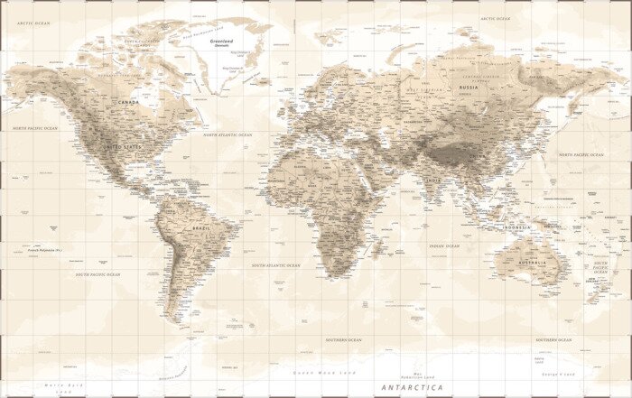 Sticker World Map Physical - Vintage Retro Old Style - Vector Detailed Illustration