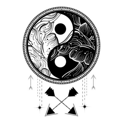 Sticker Yin yang tattoo art style. Bohemian logo, badge, sign with waves. Adventure vibes.