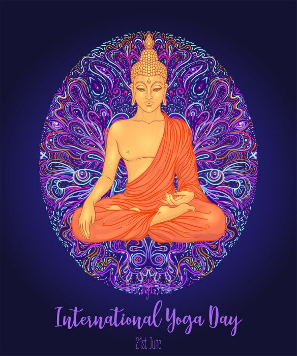 Sticker Yoga card, flyer, poster, mat design. Colorful neon template for spiritual retreat or yoga studio. Ornamental business cards, oriental pattern. Vector illustration. Sticker, patch, 60s hippie art.