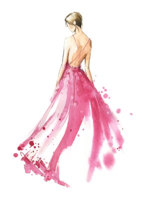 Sticker Young woman wearing long evening dress, bride. Watercolor illustration