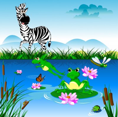 Sticker Zebra an einem Teich mit Fröschen