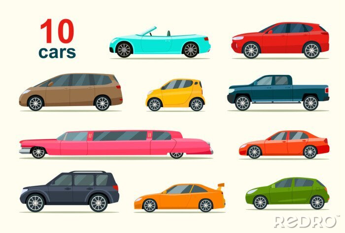 Sticker Zehn Autos in verschiedenen Formen und Farben